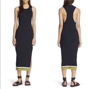 Rag & Bone Dark Blue Ribbed Knit Sheridan Midi Dress with Green Stripe Detail
